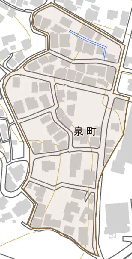泉町とその周辺の地図。町の範囲を重ねている
