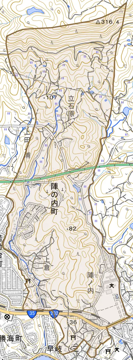 陣の内町とその周辺の地図。町の範囲を重ねている