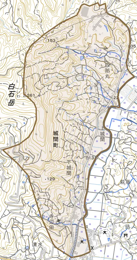 城間町とその周辺の地図。町の範囲を重ねている