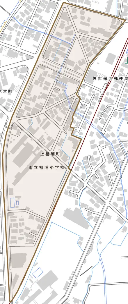 上相浦町とその周辺の地図。町の範囲を重ねている
