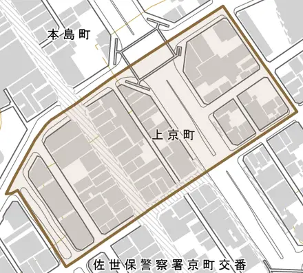 上京町とその周辺の地図。町の範囲を重ねている