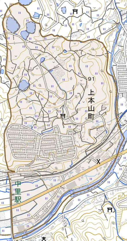上本山町とその周辺の地図。町の範囲を重ねている