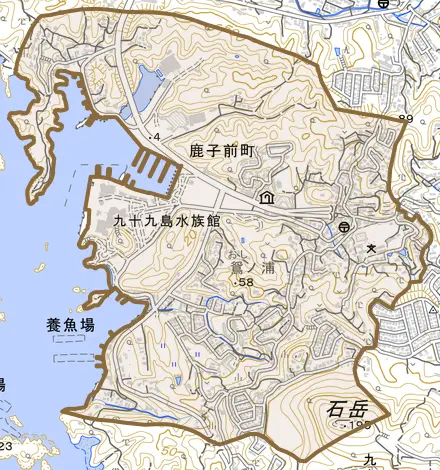 鹿子前町とその周辺の地図。町の範囲を重ねている