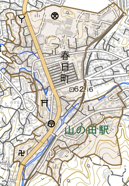 春日町とその周辺の地図。町の範囲を重ねている