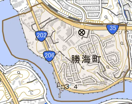 勝海町とその周辺の地図。町の範囲を重ねている