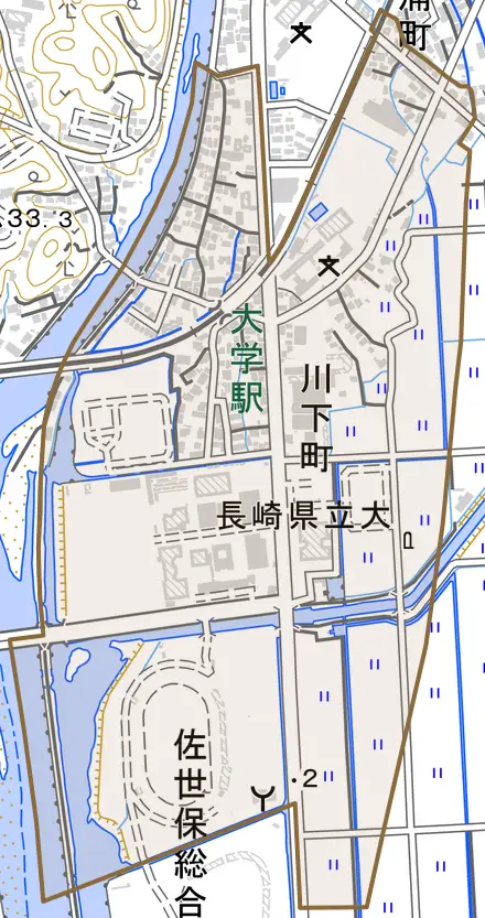 川下町とその周辺の地図。町の範囲を重ねている