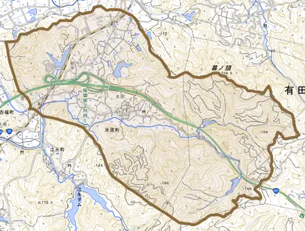 木原町とその周辺の地図。町の範囲を重ねている