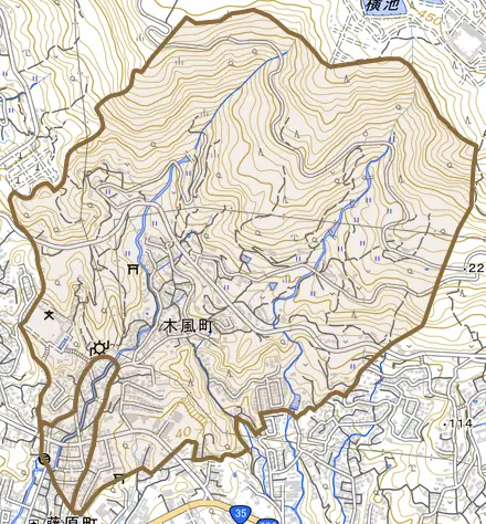 木風町とその周辺の地図。町の範囲を重ねている
