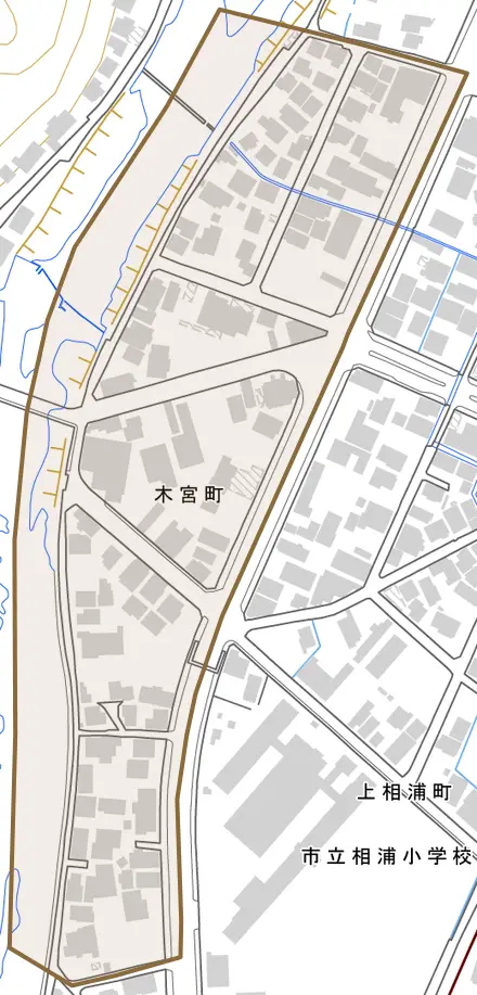木宮町とその周辺の地図。町の範囲を重ねている