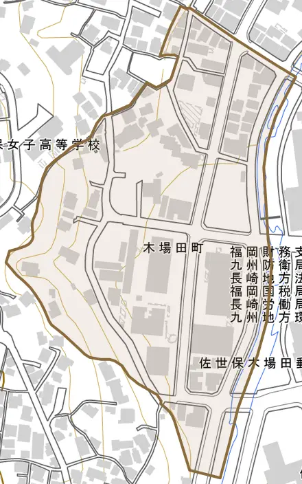 木場田町とその周辺の地図。町の範囲を重ねている