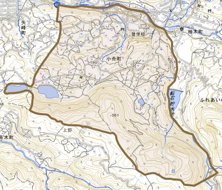 小舟町とその周辺の地図。町の範囲を重ねている