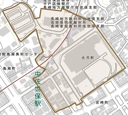 光月町とその周辺の地図。町の範囲を重ねている
