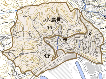 小島町とその周辺の地図。町の範囲を重ねている
