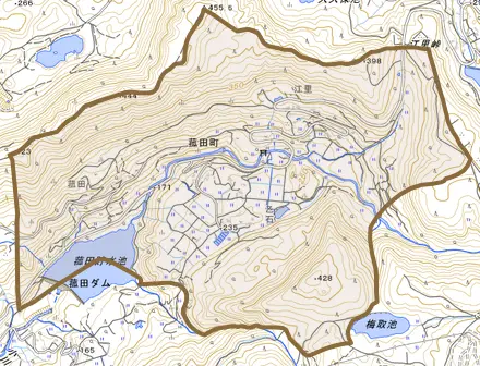 菰田町とその周辺の地図。町の範囲を重ねている