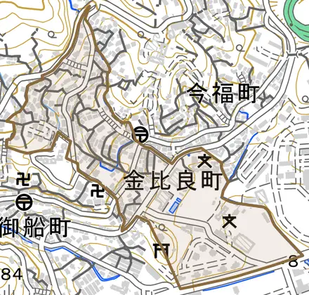 金比良町とその周辺の地図。町の範囲を重ねている