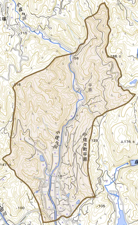 小佐々町平原とその周辺の地図。町の範囲を重ねている