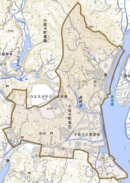 小佐々町黒石とその周辺の地図。町の範囲を重ねている
