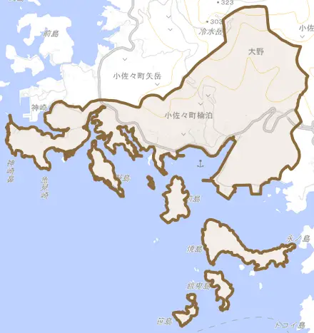 小佐々町楠泊とその周辺の地図。町の範囲を重ねている