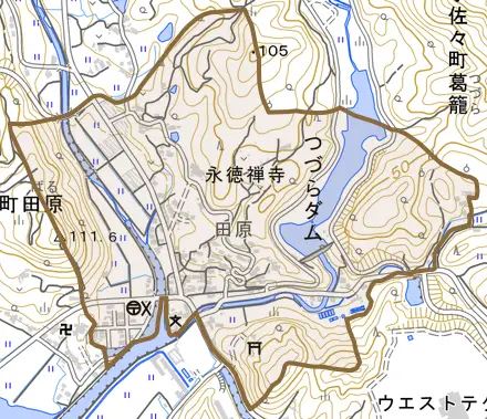 小佐々町田原とその周辺の地図。町の範囲を重ねている