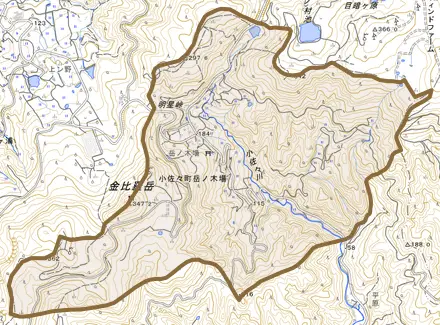 小佐々町岳ノ木場とその周辺の地図。町の範囲を重ねている