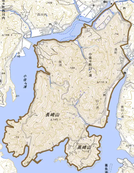 小佐々町臼ノ浦とその周辺の地図。町の範囲を重ねている