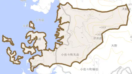小佐々町矢岳とその周辺の地図。町の範囲を重ねている