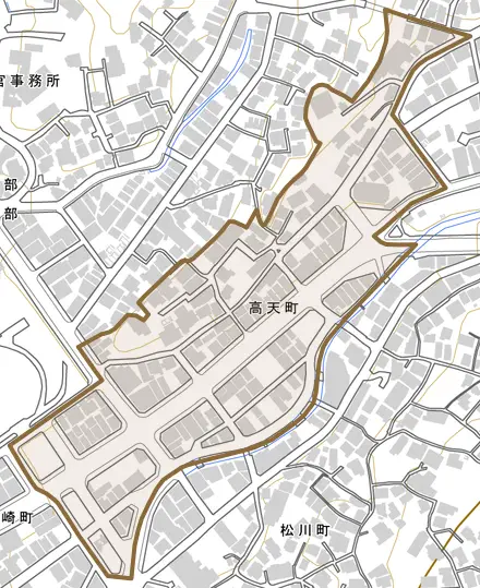 高天町とその周辺の地図。町の範囲を重ねている