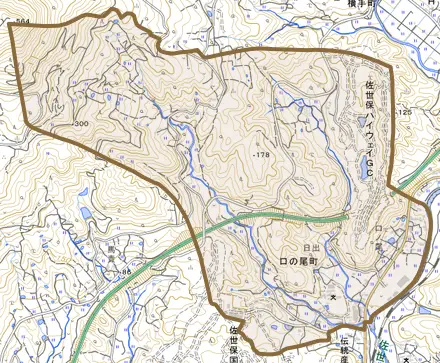 口の尾町とその周辺の地図。町の範囲を重ねている