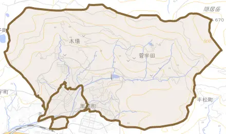 黒髪町とその周辺の地図。町の範囲を重ねている