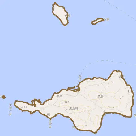 黒島町とその周辺の地図。町の範囲を重ねている