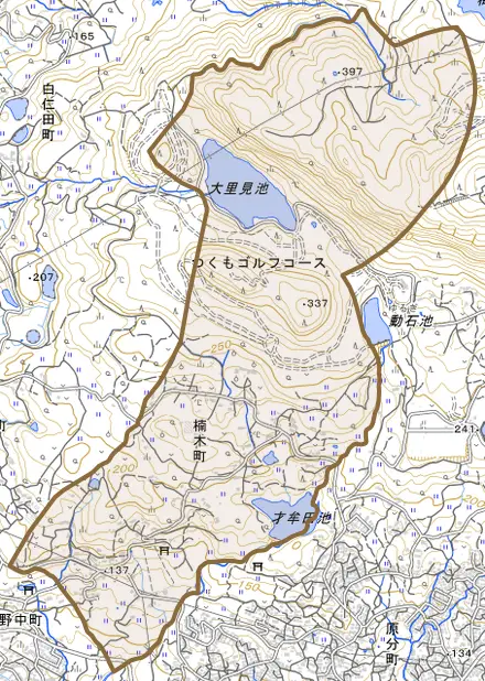 楠木町とその周辺の地図。町の範囲を重ねている