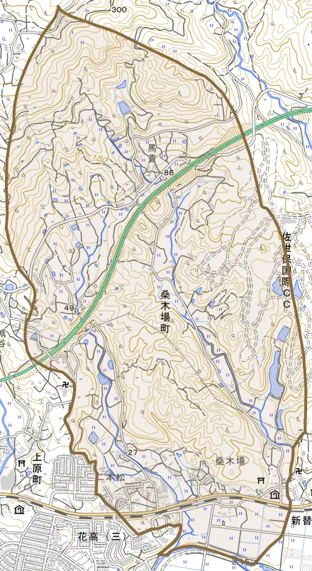 桑木場町とその周辺の地図。町の範囲を重ねている