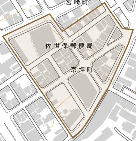 京坪町とその周辺の地図。町の範囲を重ねている