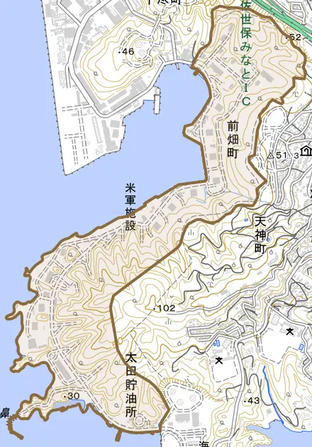 前畑町とその周辺の地図。町の範囲を重ねている