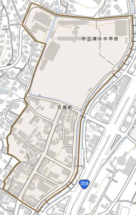 万徳町とその周辺の地図。町の範囲を重ねている