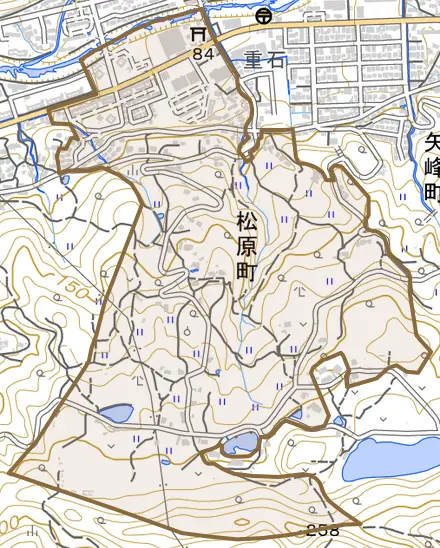 松原町とその周辺の地図。町の範囲を重ねている