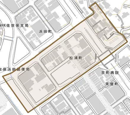 松浦町とその周辺の地図。町の範囲を重ねている