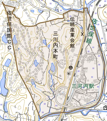 三川内本町とその周辺の地図。町の範囲を重ねている