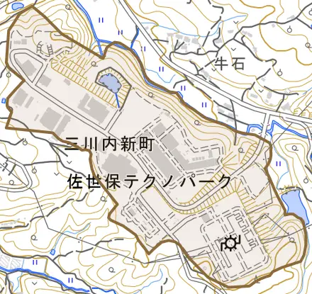 三川内新町とその周辺の地図。町の範囲を重ねている