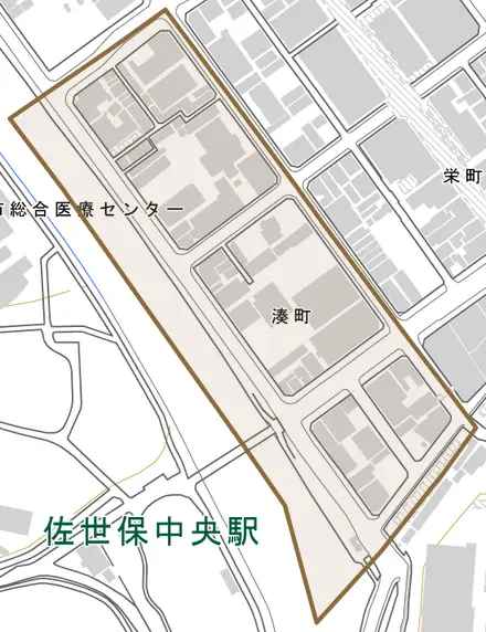 湊町とその周辺の地図。町の範囲を重ねている