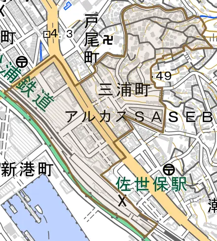 三浦町とその周辺の地図。町の範囲を重ねている