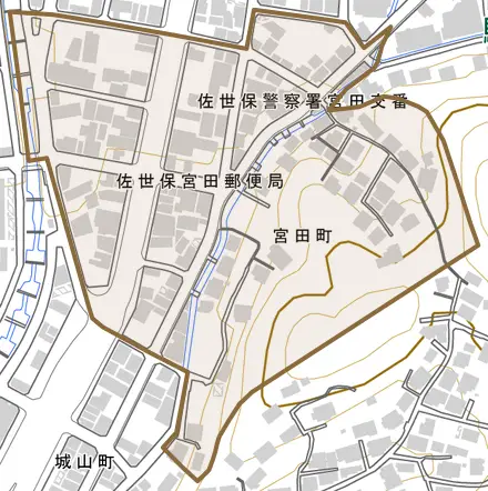 宮田町とその周辺の地図。町の範囲を重ねている