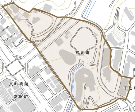 宮地町とその周辺の地図。町の範囲を重ねている
