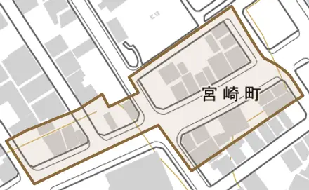 宮崎町とその周辺の地図。町の範囲を重ねている