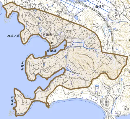 宮津町とその周辺の地図。町の範囲を重ねている