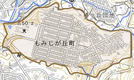 もみじが丘町とその周辺の地図。町の範囲を重ねている