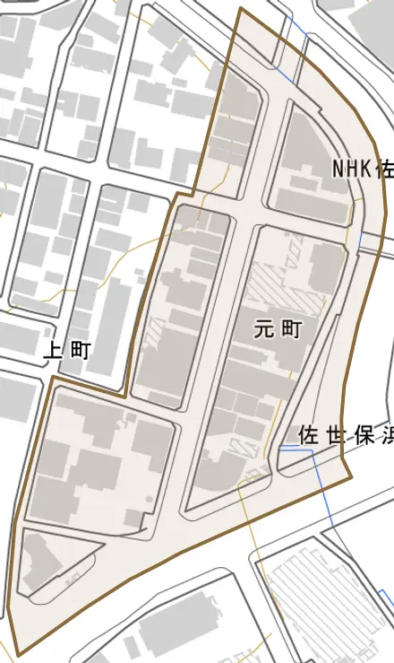 元町とその周辺の地図。町の範囲を重ねている