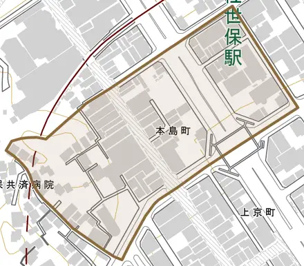 本島町とその周辺の地図。町の範囲を重ねている