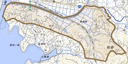 長畑町とその周辺の地図。町の範囲を重ねている