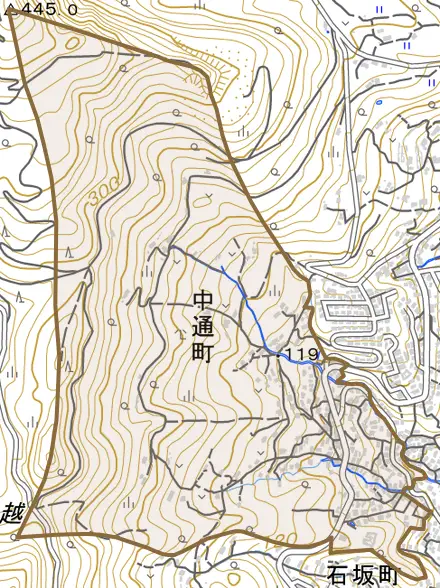 中通町とその周辺の地図。町の範囲を重ねている